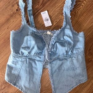 American Eagle Outfitters Blue Denim Tie Front Crop Tank